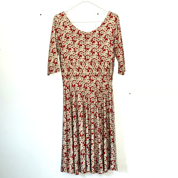 Salaam Midi Dress Medium Burgandy Red Floral Fit and Flare A Line 3/4 Sleeves - Picture 2 of 5